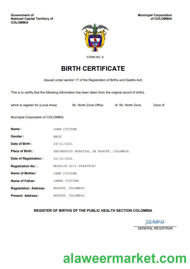Colombia vital record birth certificate Word and PDF template